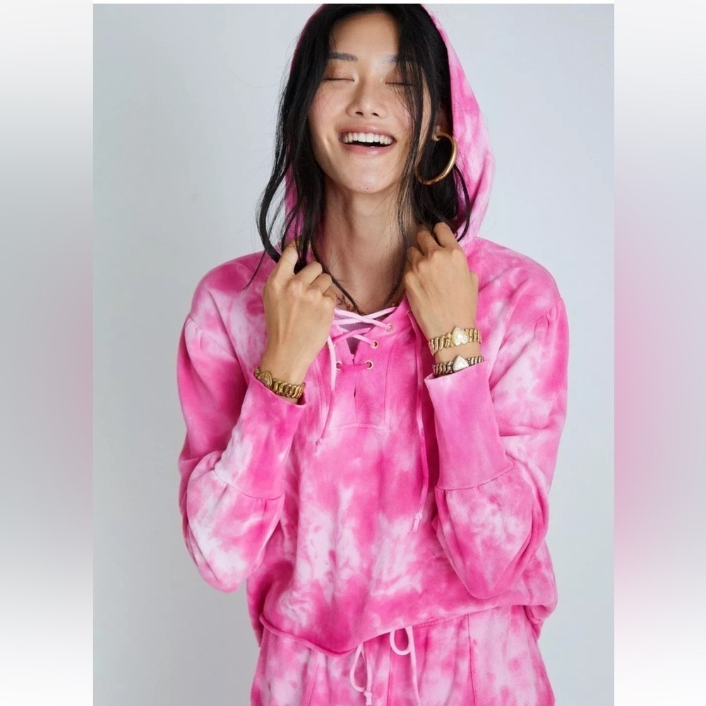 Loveshackfancy Bevan Lace Up Hoodie Sweatshirt Pink Tie Dye Sz S Crop Boxy Terry